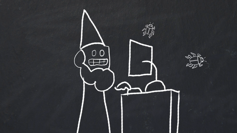 A robot wizard programming and bugs coming out of the computer
