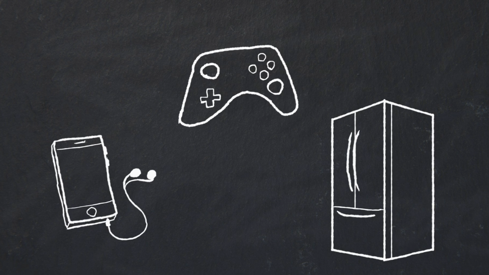 A smartphone, a game controller, and a refrigerator