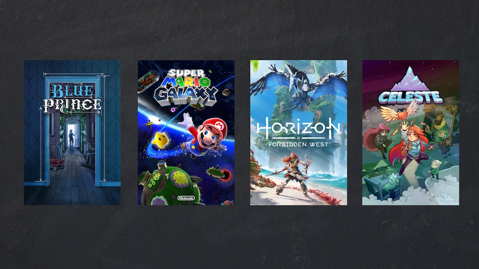 Cover art for the following popular games: Blue Prince, Super Mario Galaxy, Horizon Forbidden West, and Celeste