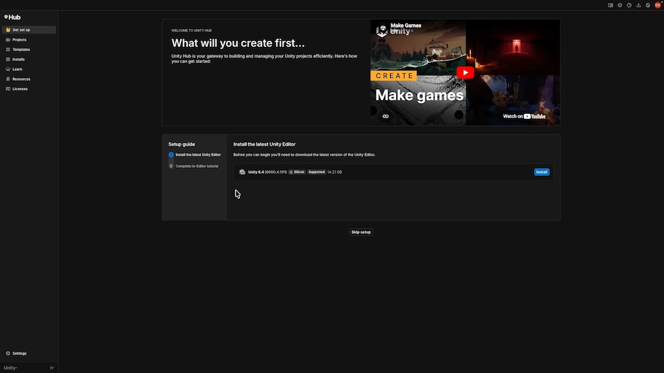 The startup screen for the Unity Hub when opening it for the first time, showing a startup video and prompt to install the latest editor version