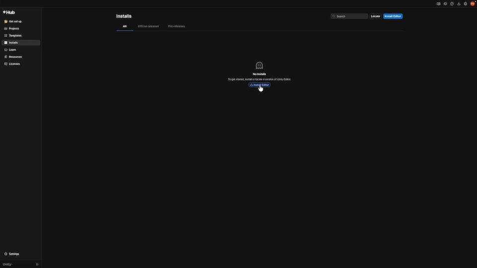 The installs tab of the Unity Hub, including the install editor button