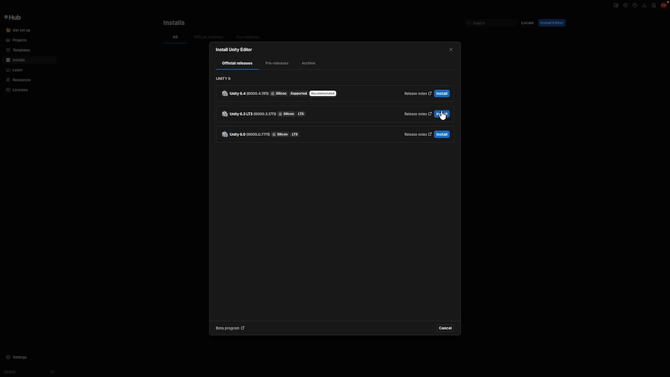 A popup window listing Unity versions that can be installed, and the install button for each version