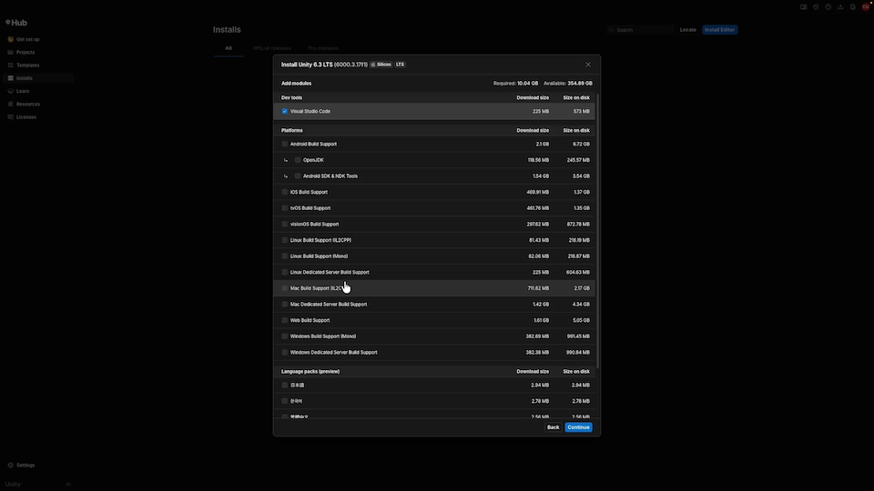 A popup window listing items that can be installed with Unity, including: Visual Studio Code, different platforms like Android or iOS to build the game for, and a list of language packs