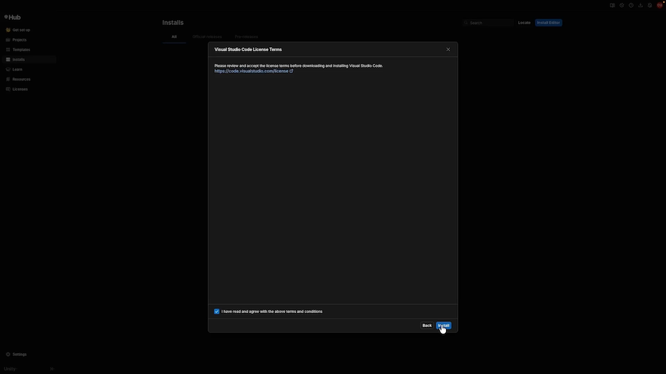 A popup window with details about VS Code's license, a checkbox to accept it, and a button to install the Unity editor