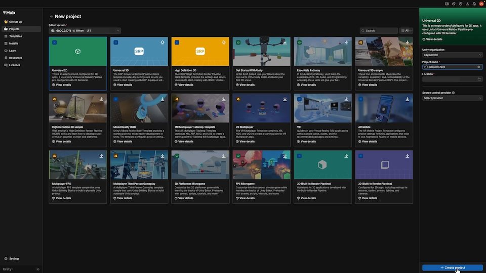 Options for creating a new Unity project, including a template, name, and location