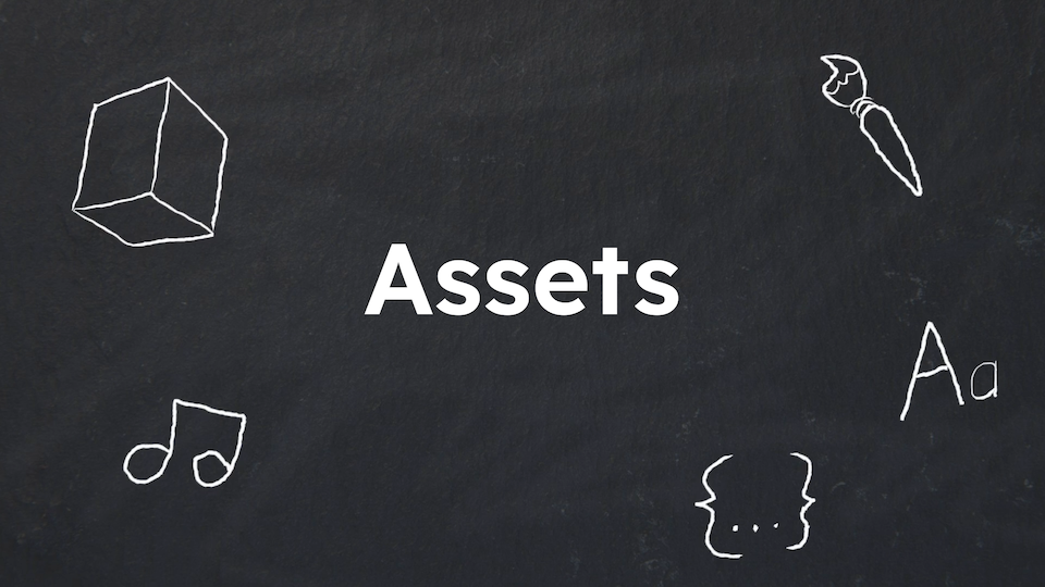 Icons representing different types of assets, like a cube, a paintbrush, a music note, an uppercase and a lowercase letter A, and curly brackets