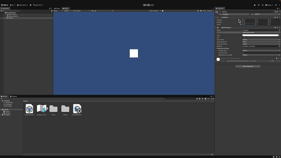 The new project opened in the Unity editor, with an example square selected and showing a Transform component and a Sprite Renderer component