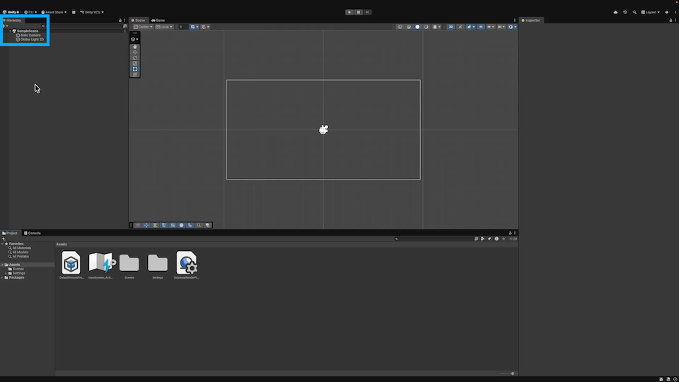 The Unity editor, highlighting the camera and light in the scene hierarchy
