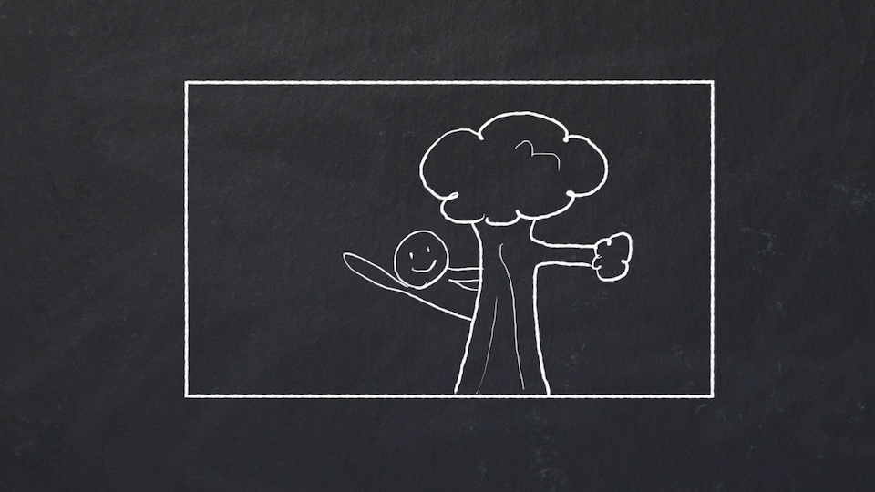 A camera frame showing a person waving while sticking out from behind a tree