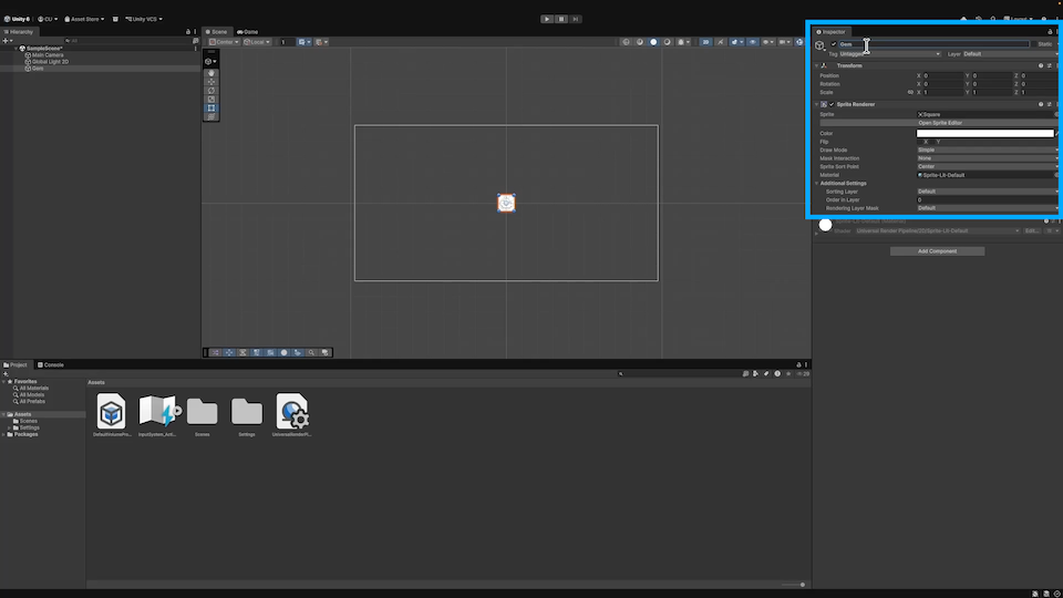 A new square Gem selected, showing a Transform component and a Sprite Renderer highlighted in the inspector