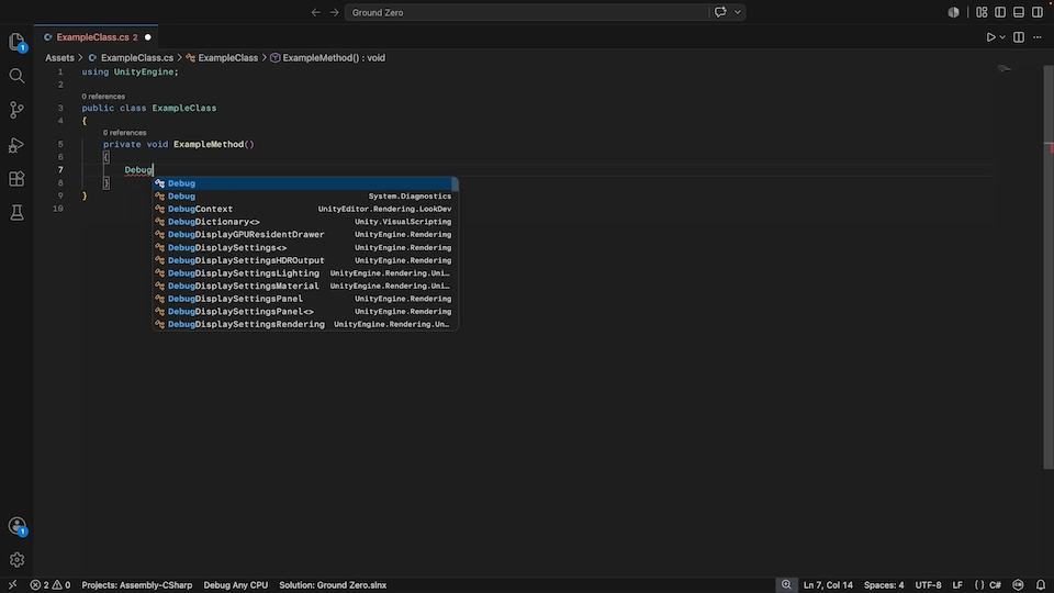 Example code in Visual Studio Code showing the autocomplete feature and a list of classes starting with the word "Debug"