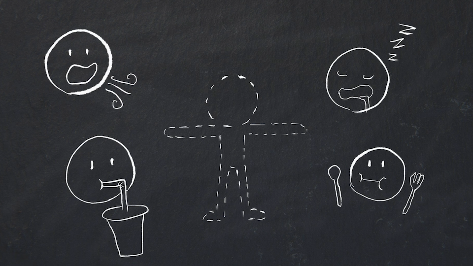 Multiple cartoon people's faces showing different actions: breathing, eating, drinking, and sleeping