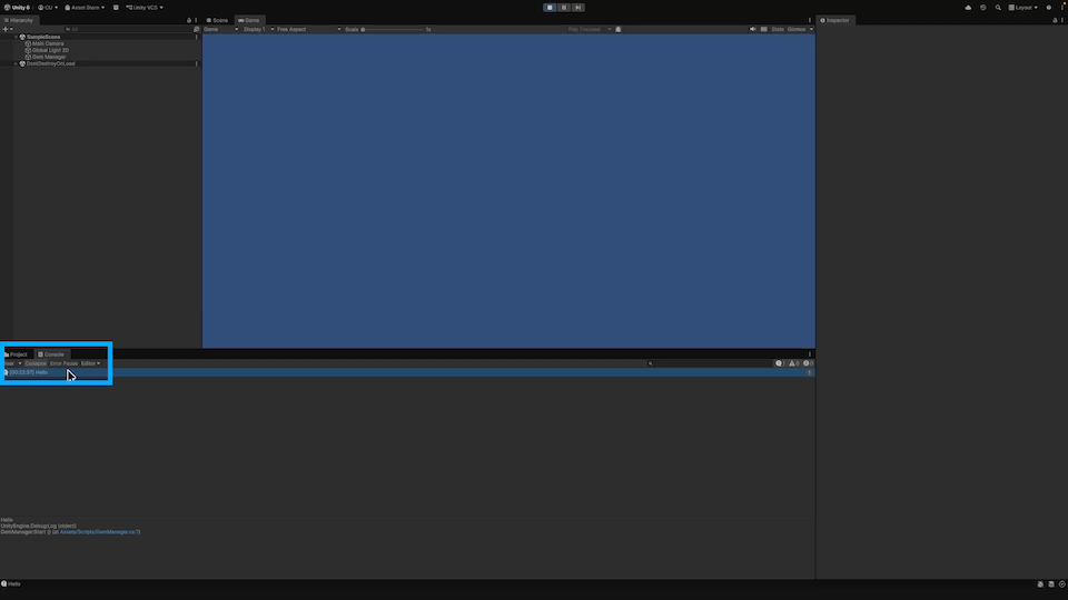The Unity editor, showing the "Hello" message with a timestamp in the console